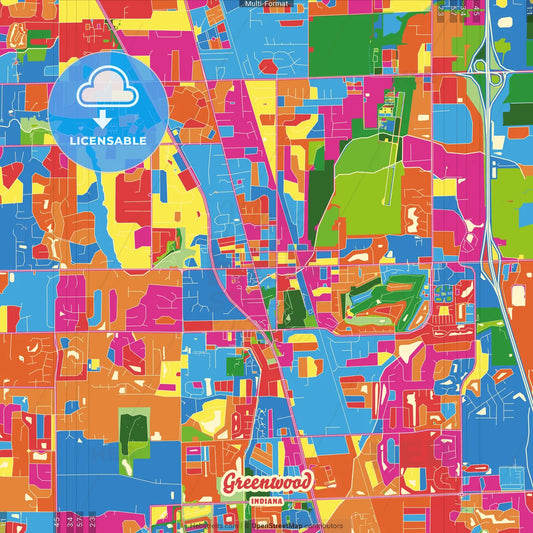 Greenwood, Indiana, United States Crazy Colorful Street Map Poster Template