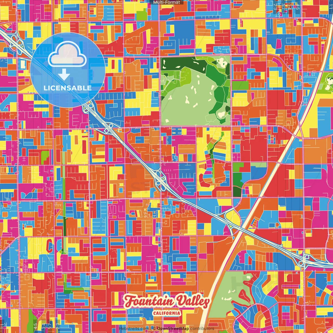 Fountain Valley, California, United States Crazy Colorful Street Map Poster Template