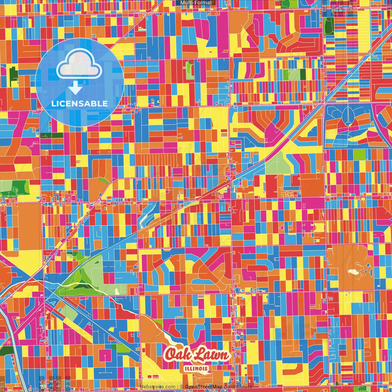 Oak Lawn, Illinois, United States Crazy Colorful Street Map Poster Template