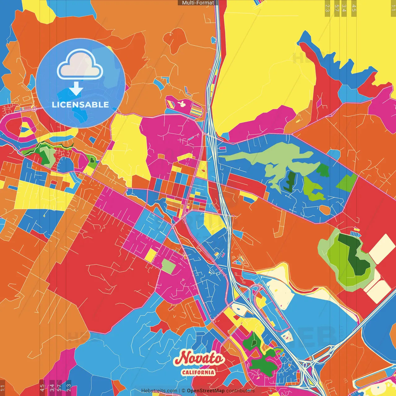 Novato, California, United States Crazy Colorful Street Map Poster Template