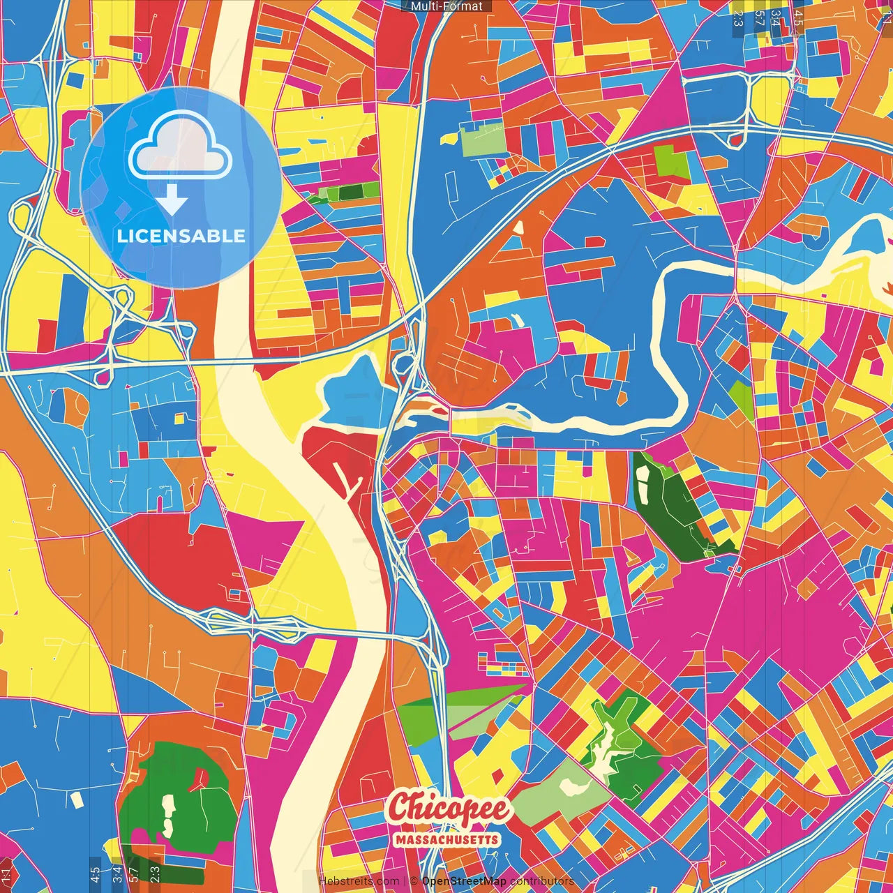 Chicopee, Massachusetts, United States Crazy Colorful Street Map Poster Template
