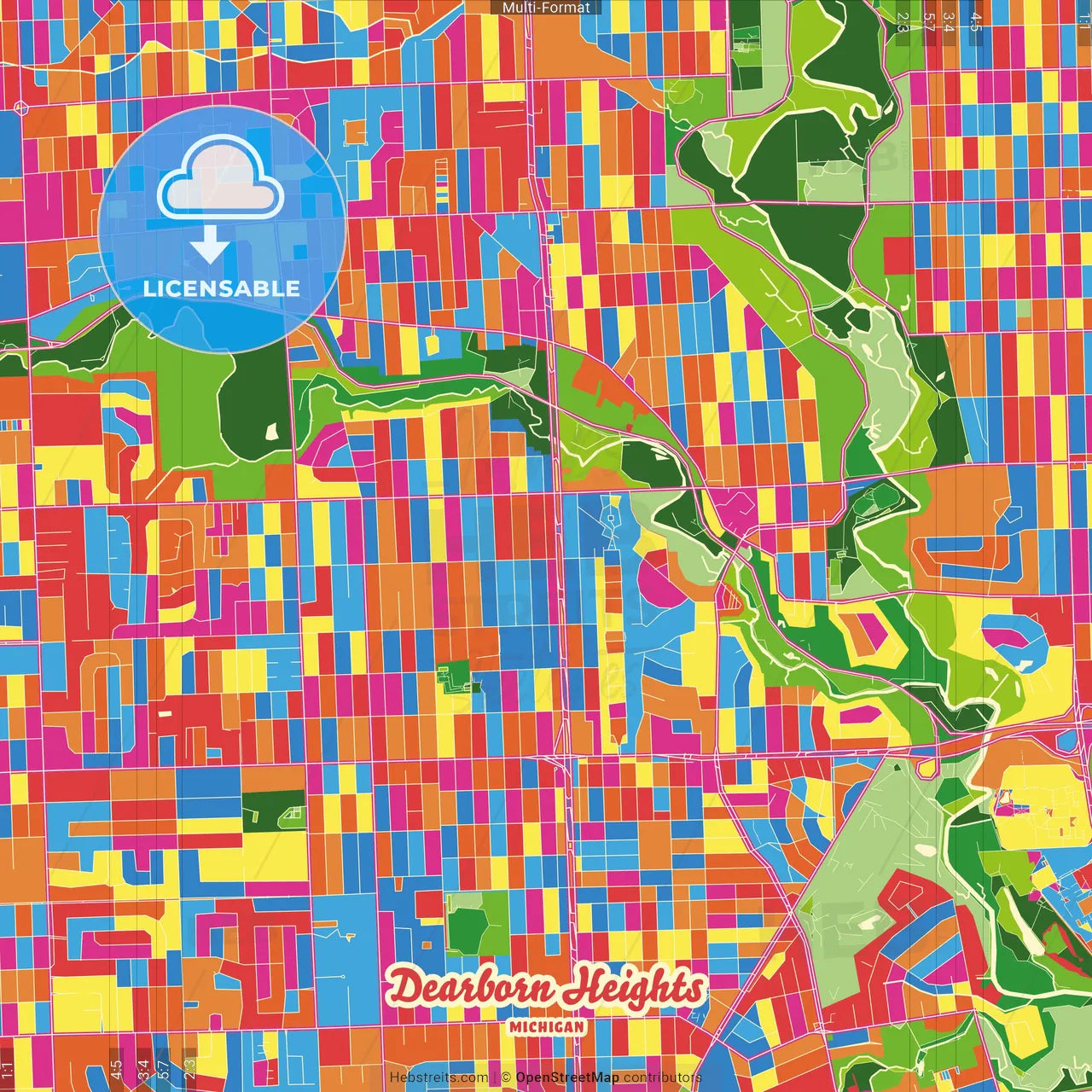 Dearborn Heights, Michigan, United States Crazy Colorful Street Map Poster Template