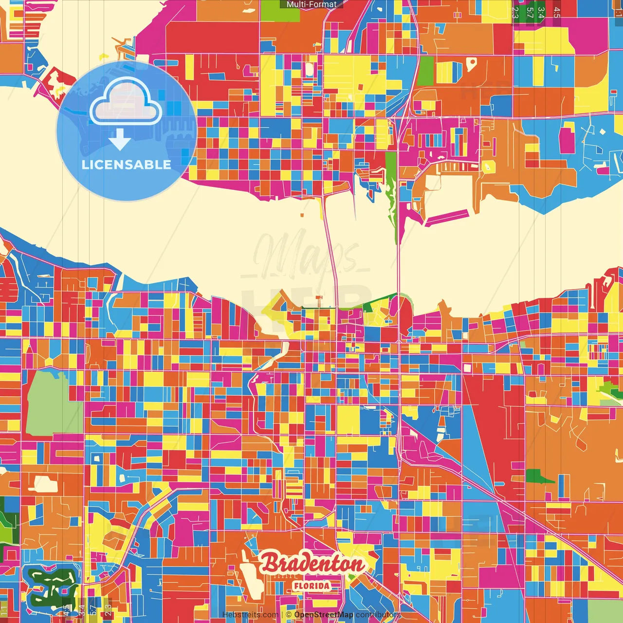 Bradenton, Florida, United States Crazy Colorful Street Map Poster Template