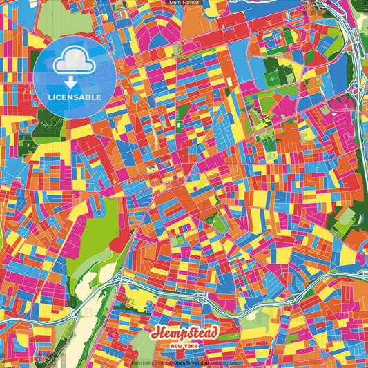 Hempstead, New York, United States Crazy Colorful Street Map Poster Template