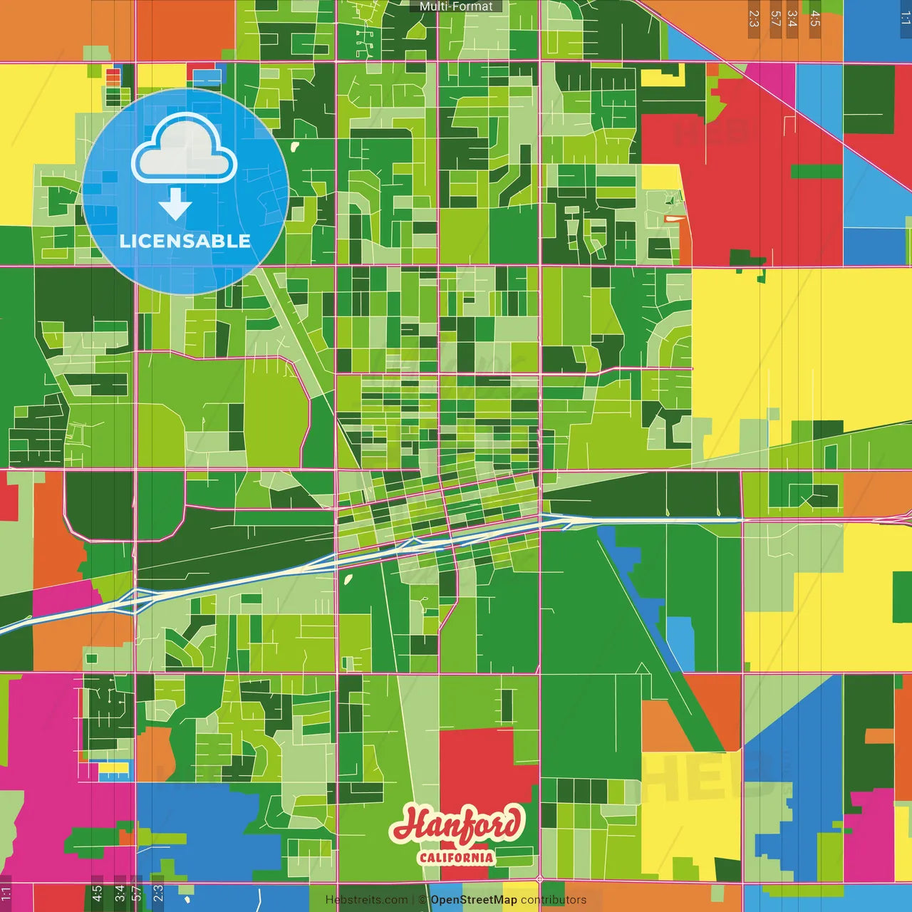 Hanford, California, United States Crazy Colorful Street Map Poster Template