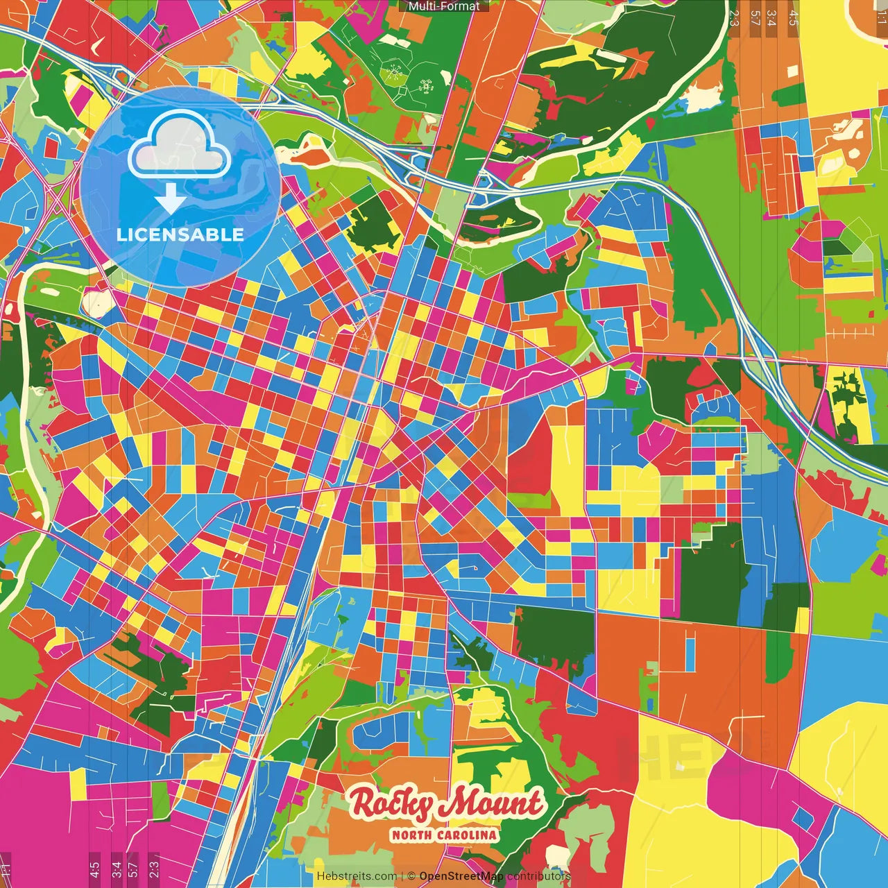 Rocky Mount, North Carolina, United States Crazy Colorful Street Map Poster Template