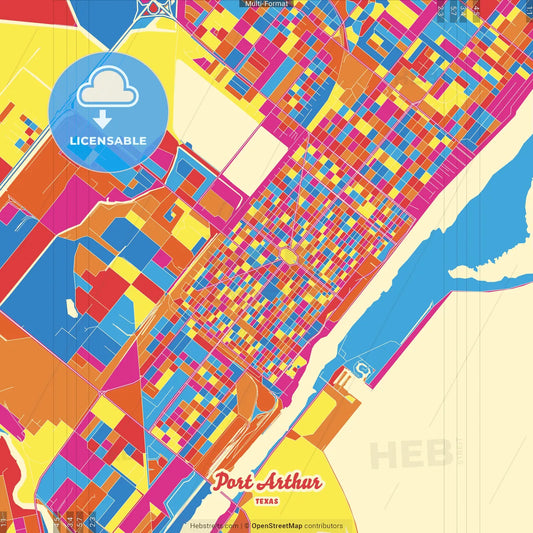 Port Arthur, Texas, United States Crazy Colorful Street Map Poster Template