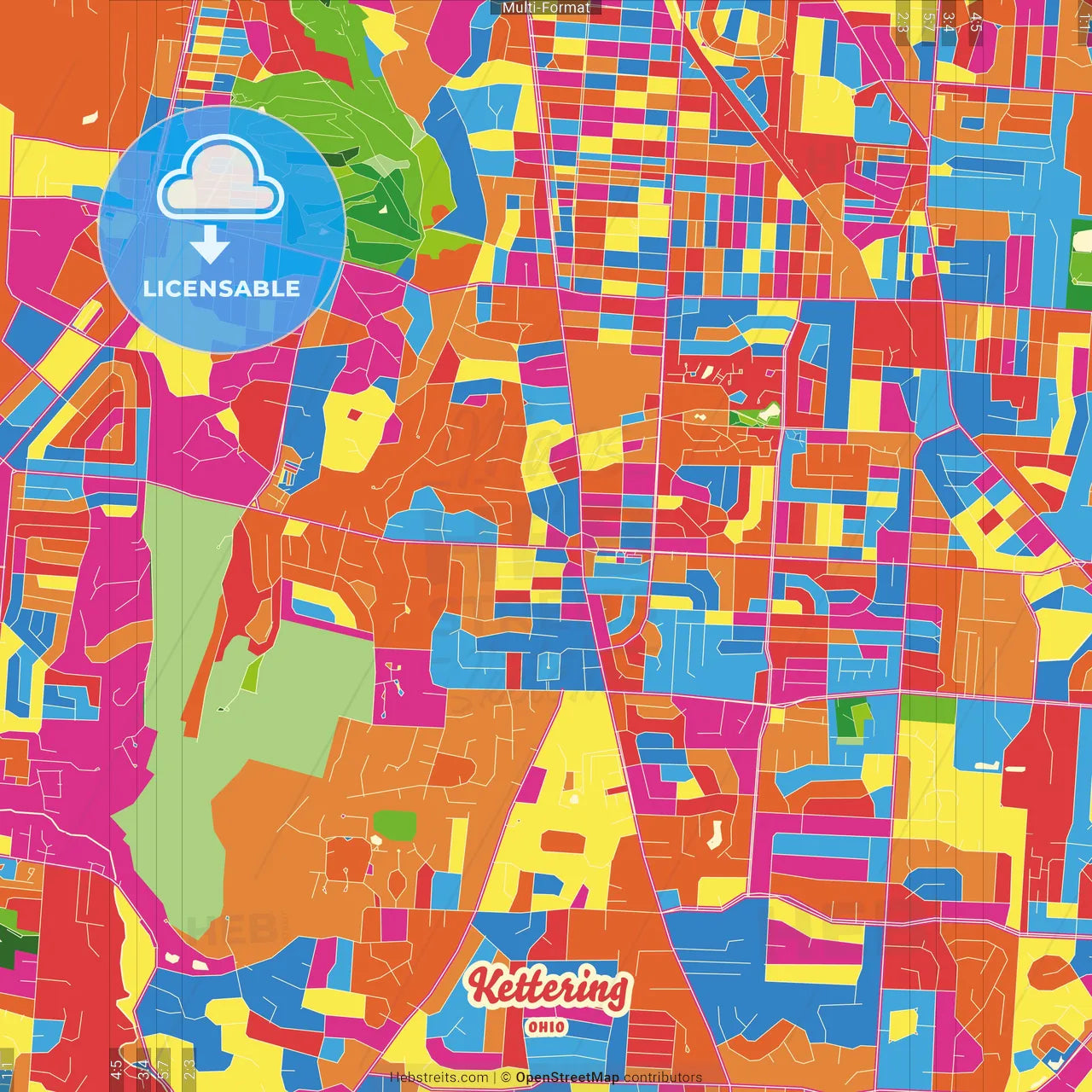 Kettering, Ohio, United States Crazy Colorful Street Map Poster Template