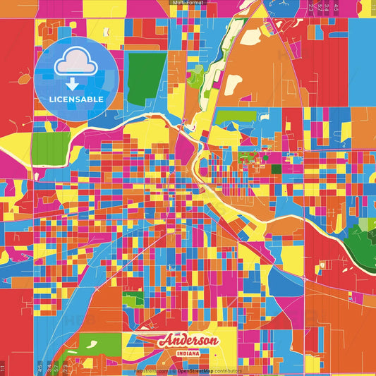 Anderson, Indiana, United States Crazy Colorful Street Map Poster Template