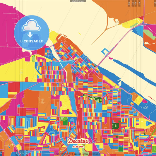 Decatur, Alabama, United States Crazy Colorful Street Map Poster Template