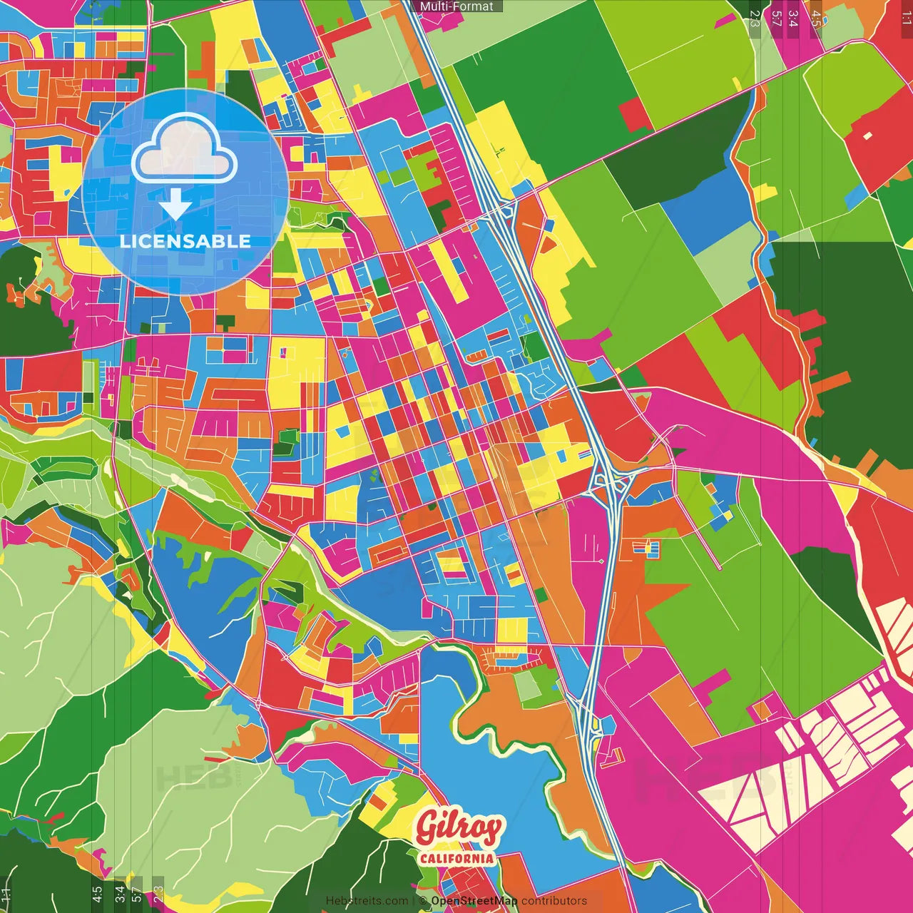 Gilroy, California, United States Crazy Colorful Street Map Poster Template