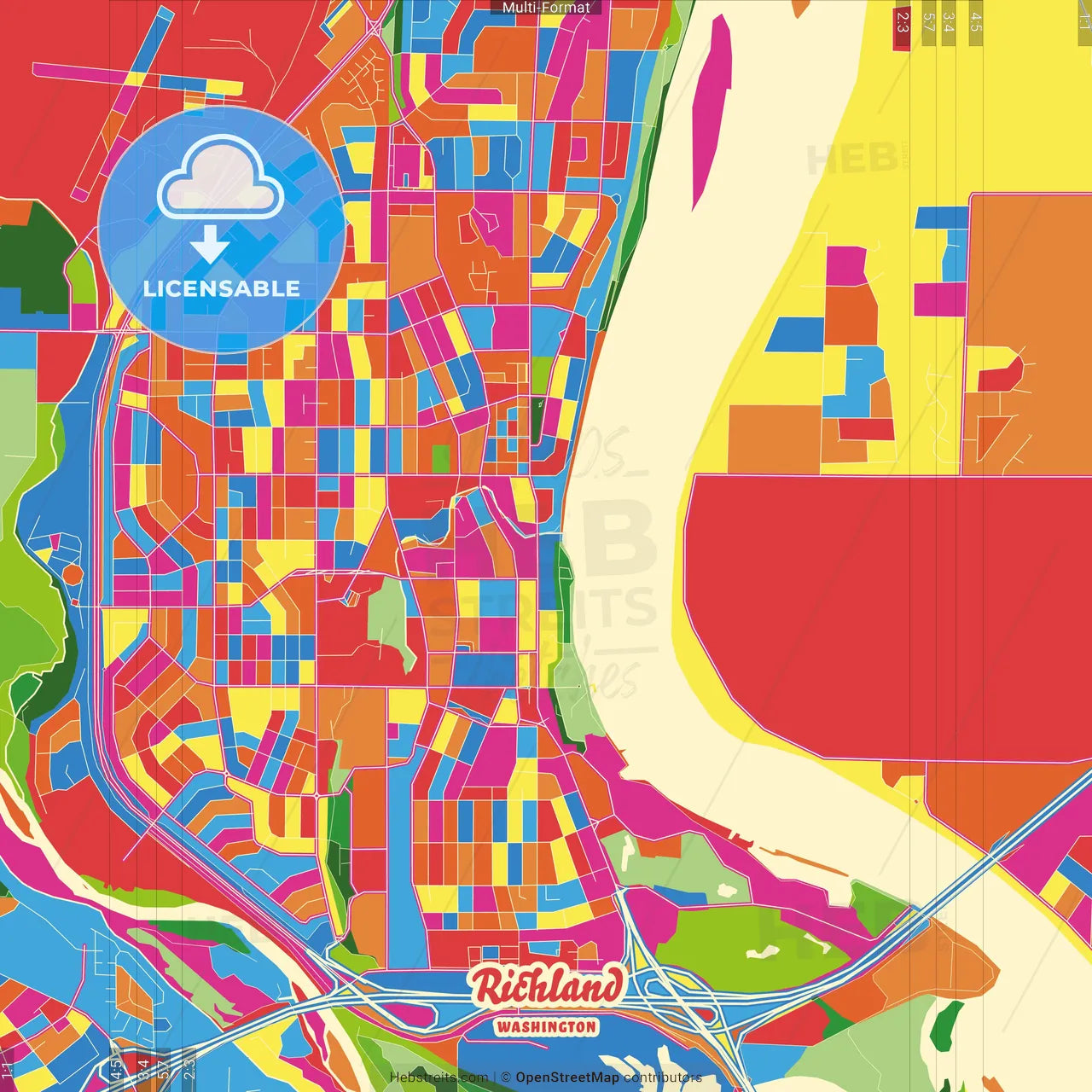 Richland, Washington, United States Crazy Colorful Street Map Poster Template