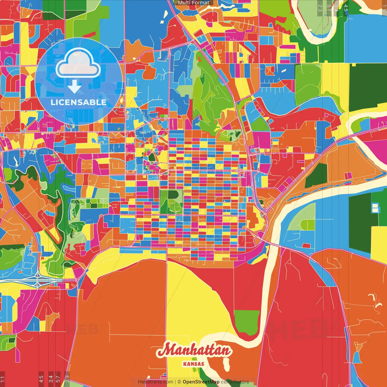 Manhattan, Kansas, United States Crazy Colorful Street Map Poster Template