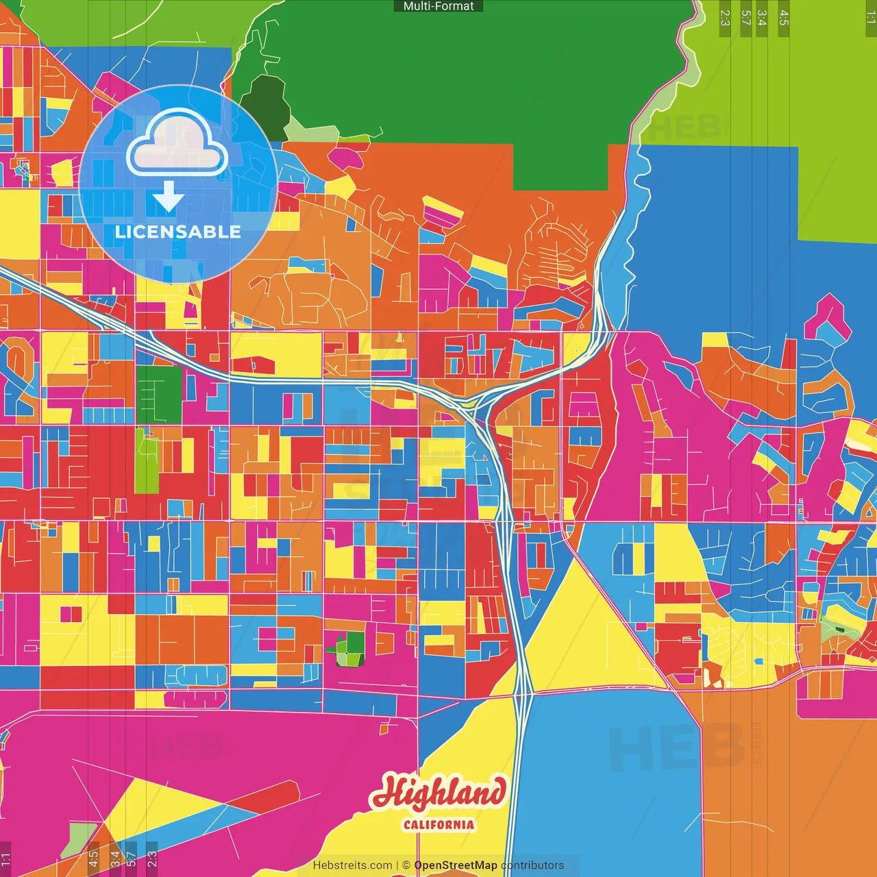 Highland, California, United States Crazy Colorful Street Map Poster Template