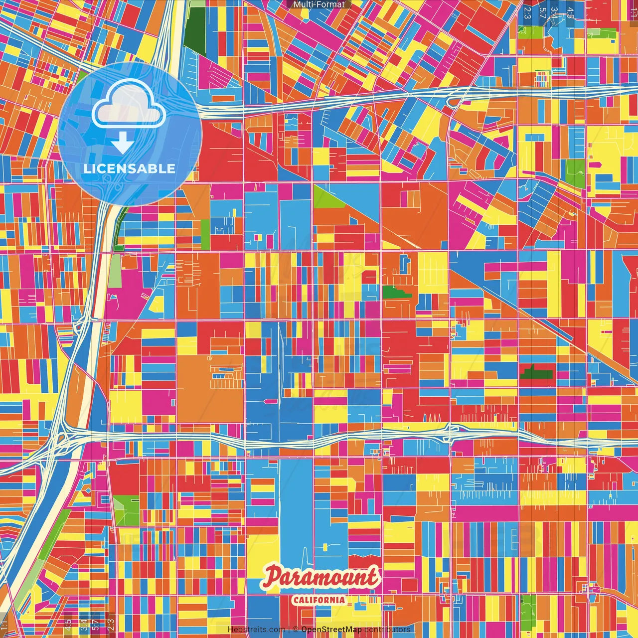 Paramount, California, United States Crazy Colorful Street Map Poster Template