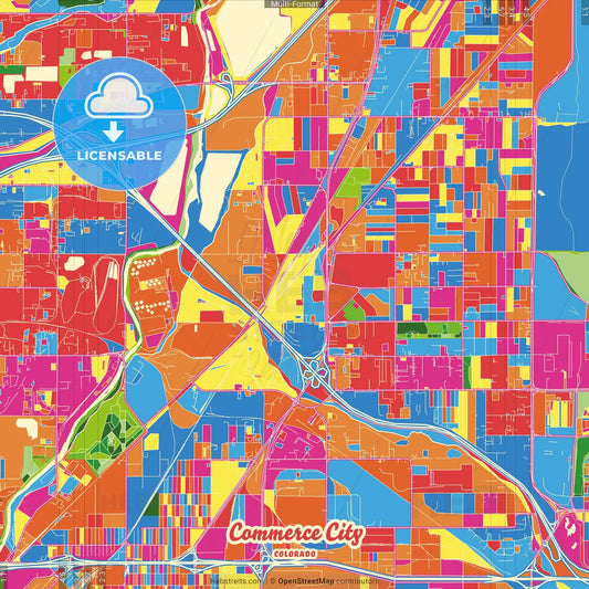 Commerce City, Colorado, United States Crazy Colorful Street Map Poster Template