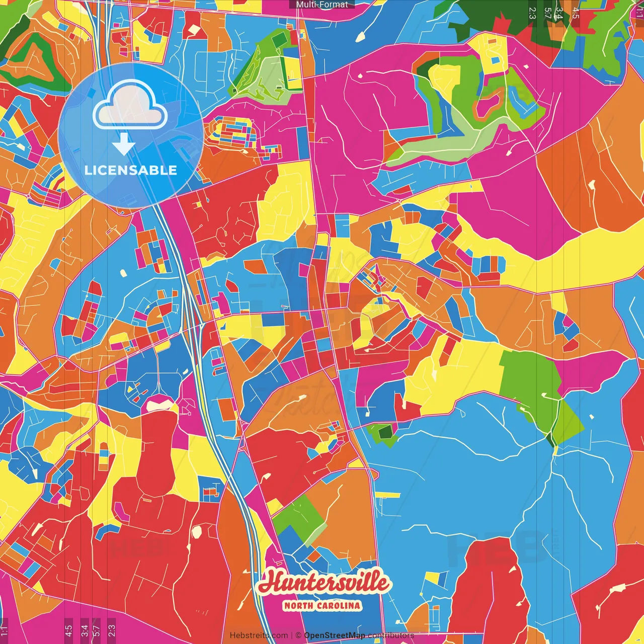 Huntersville, North Carolina, United States Crazy Colorful Street Map Poster Template