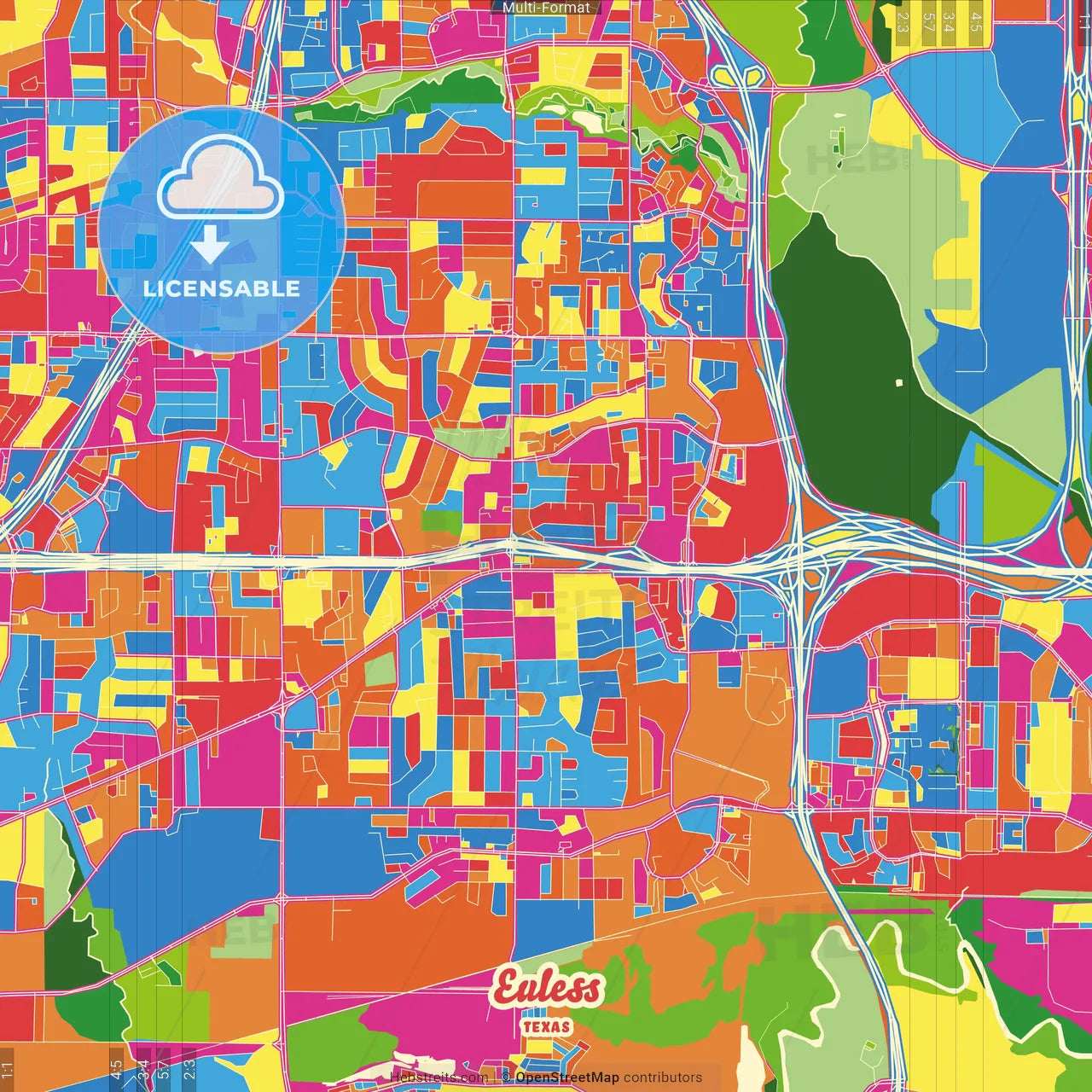 Euless, Texas, United States Crazy Colorful Street Map Poster Template