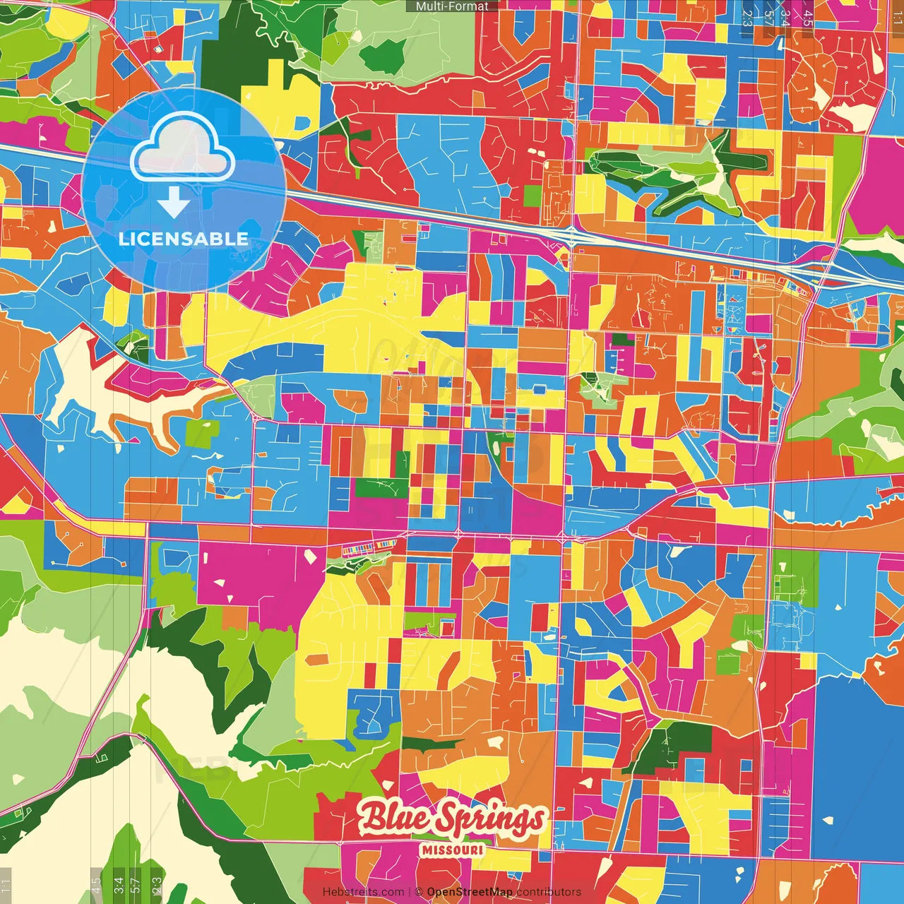 Blue Springs, Missouri, United States Crazy Colorful Street Map Poster Template