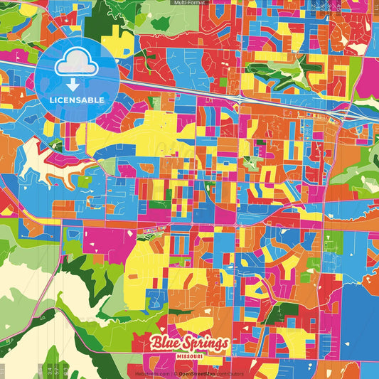 Blue Springs, Missouri, United States Crazy Colorful Street Map Poster Template