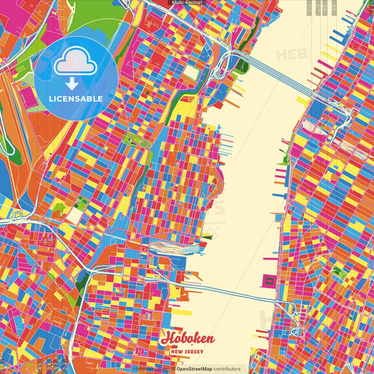 Hoboken, New Jersey, United States Crazy Colorful Street Map Poster Template