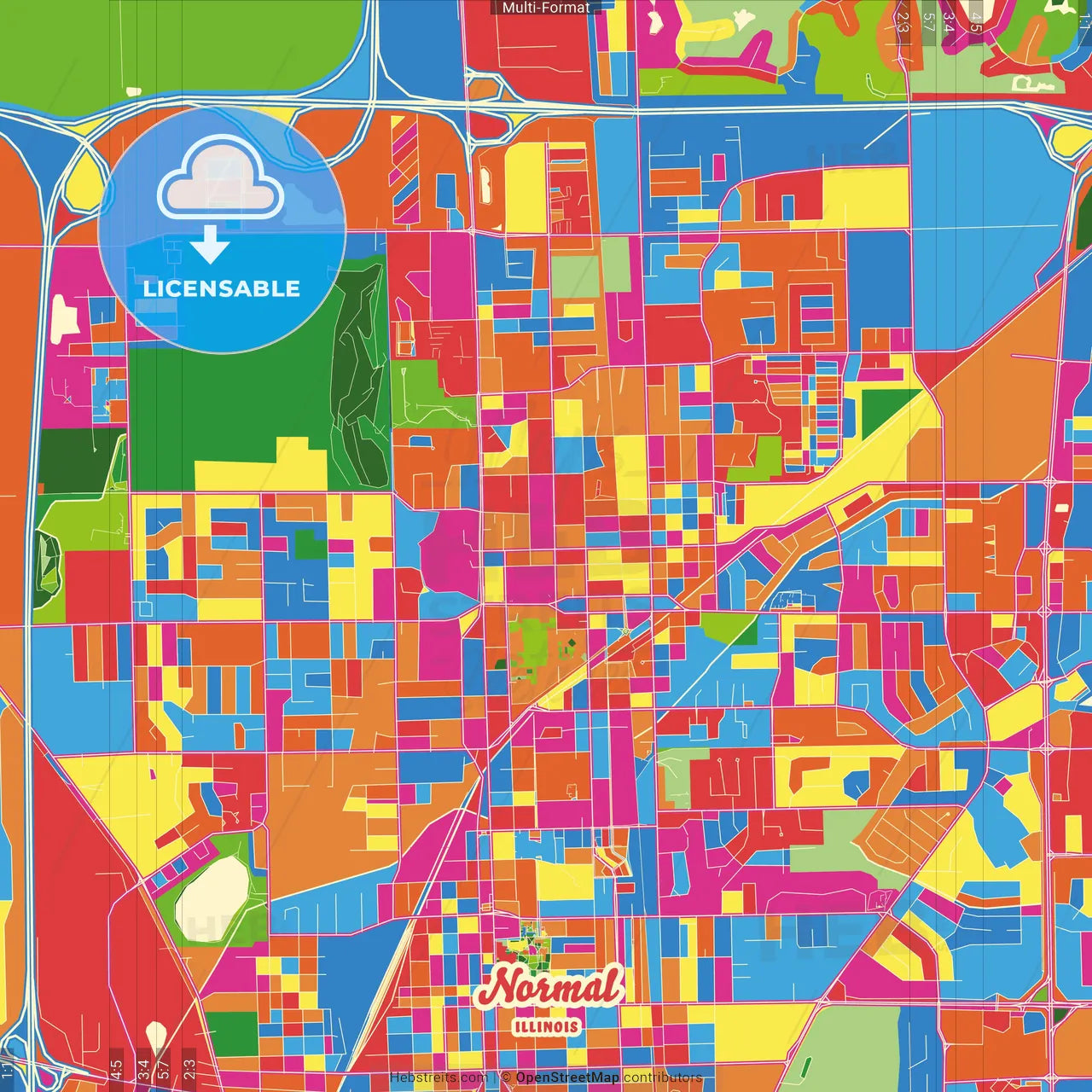 Normal, Illinois, United States Crazy Colorful Street Map Poster Template