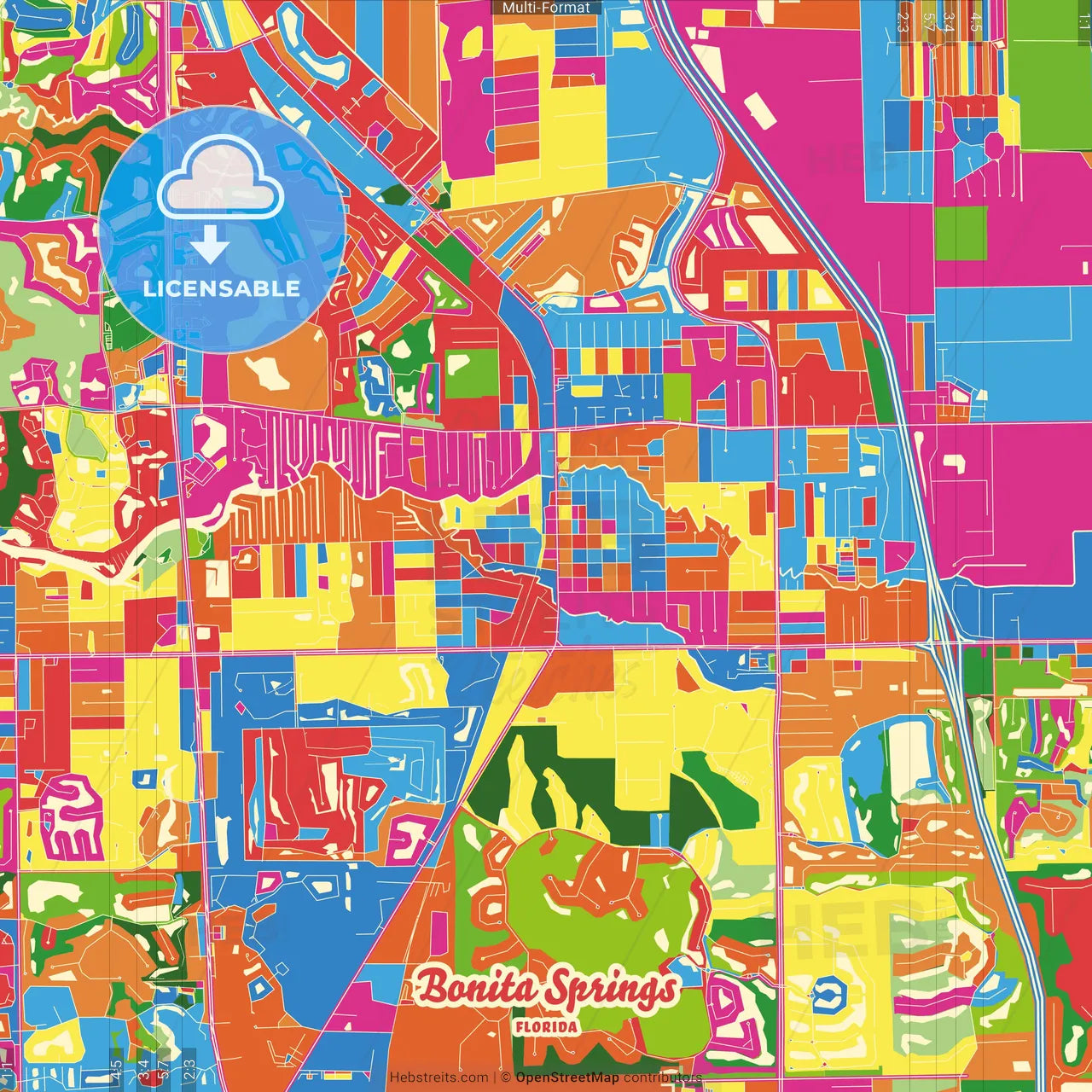 Bonita Springs, Florida, United States Crazy Colorful Street Map Poster Template