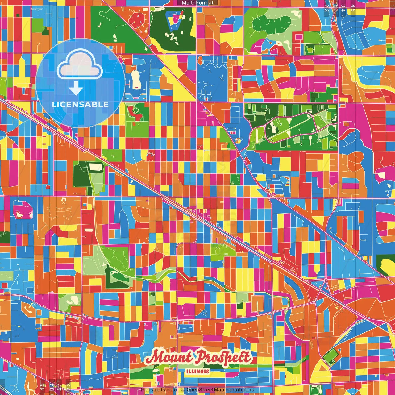 Mount Prospect, Illinois, United States Crazy Colorful Street Map Poster Template