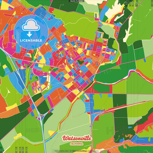 Watsonville, California, United States Crazy Colorful Street Map Poster Template