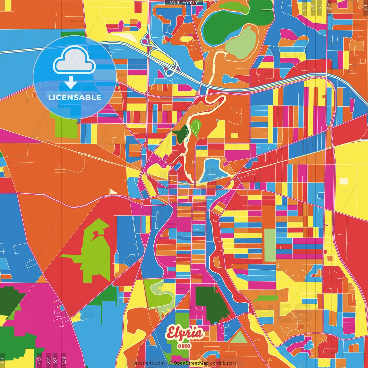 Elyria, Ohio, United States Crazy Colorful Street Map Poster Template