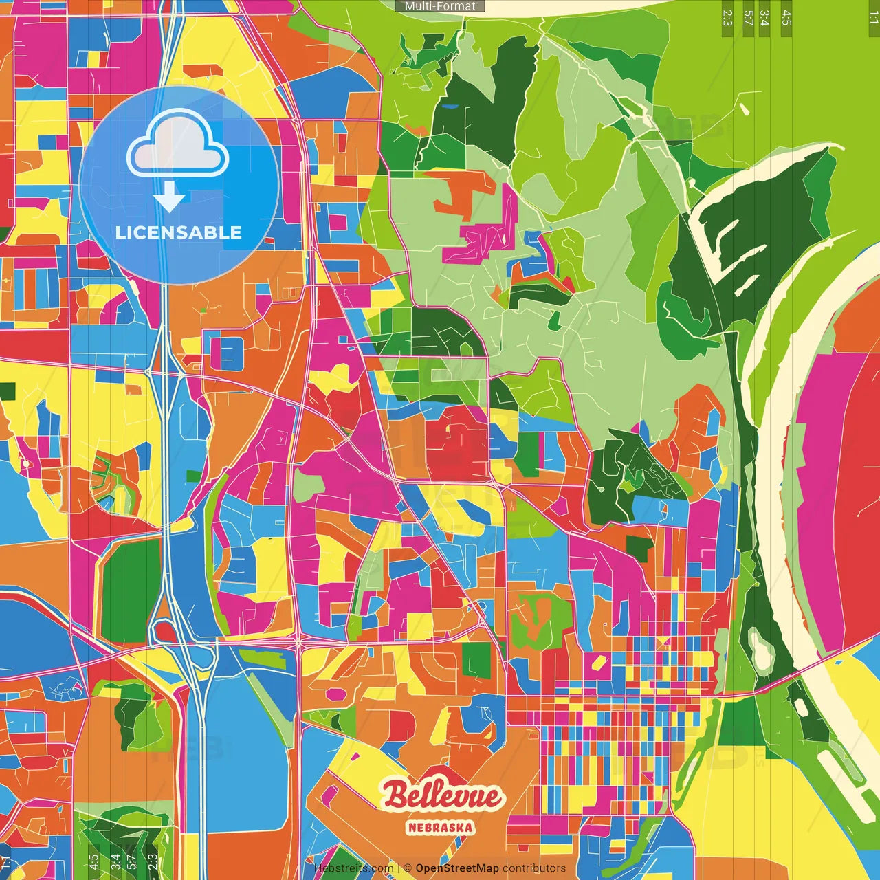 Bellevue, Nebraska, United States Crazy Colorful Street Map Poster Template