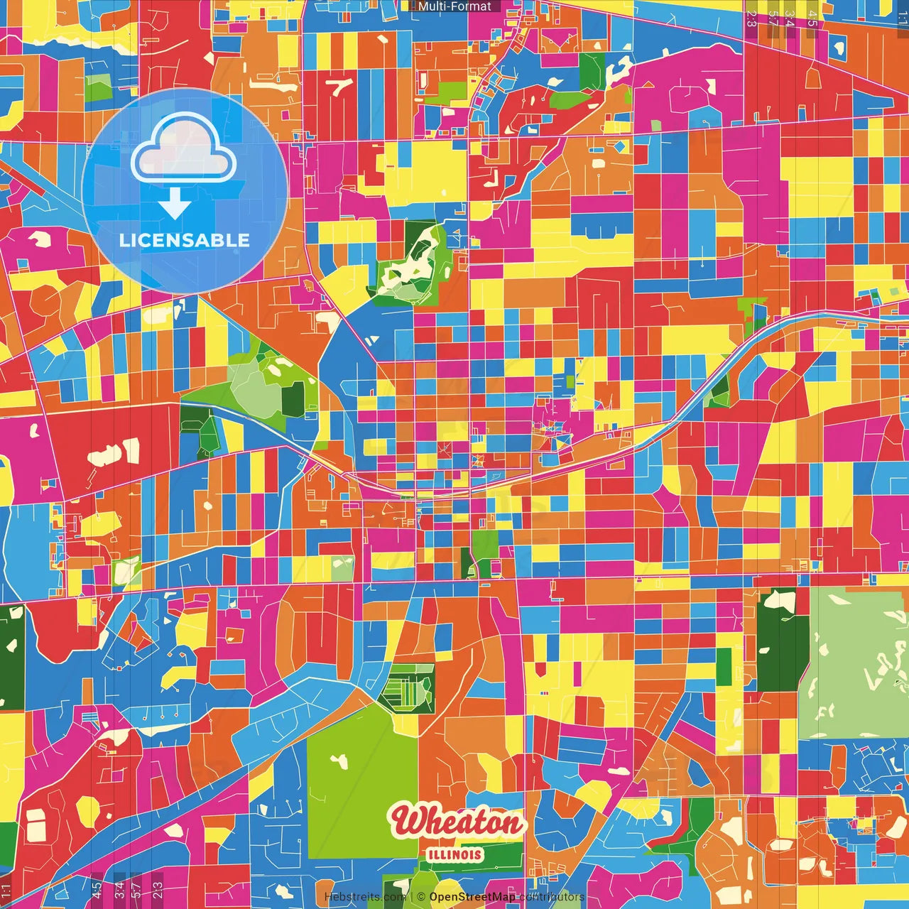 Wheaton, Illinois, United States Crazy Colorful Street Map Poster Template