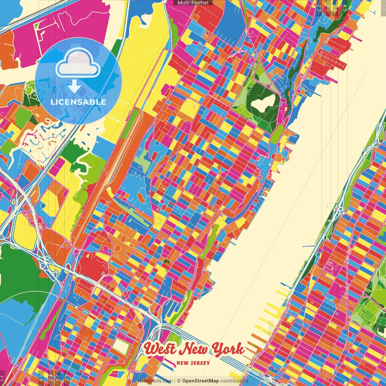 West New York, New Jersey, United States Crazy Colorful Street Map Poster Template