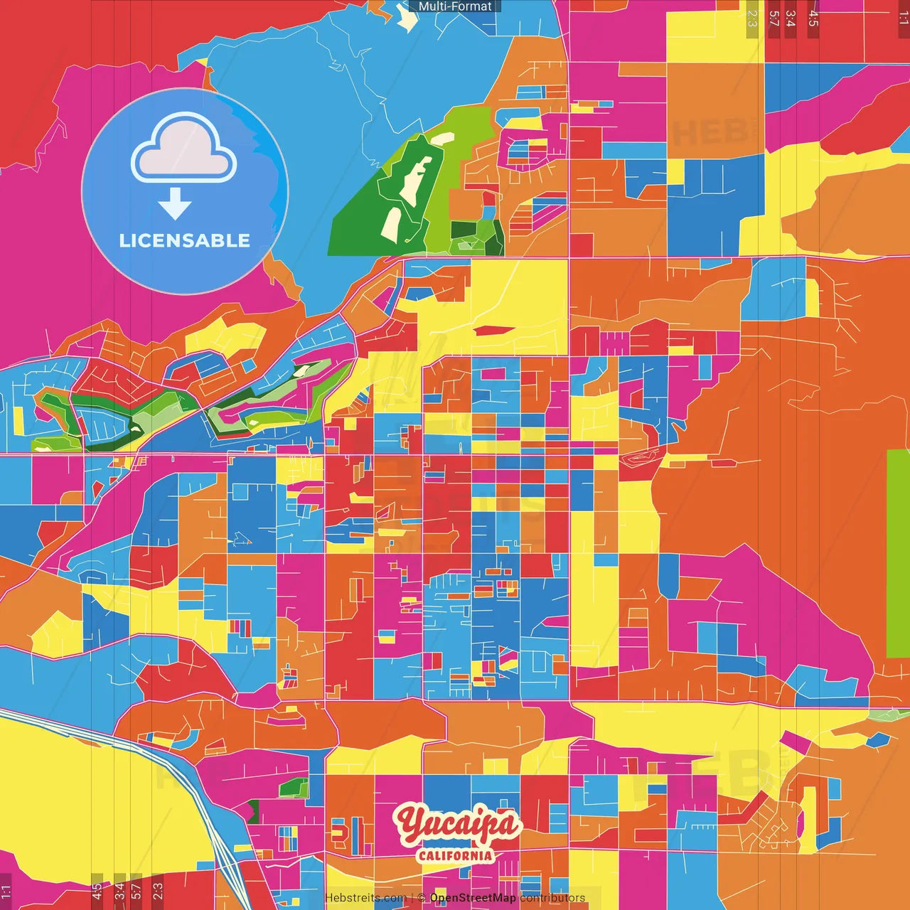 Yucaipa, California, United States Crazy Colorful Street Map Poster Template