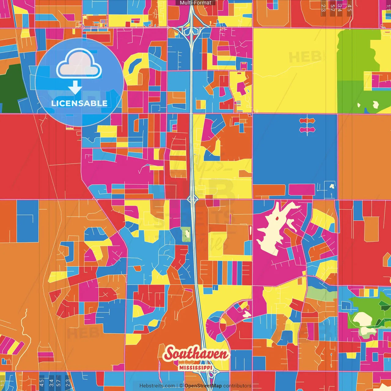 Southaven, Mississippi, United States Crazy Colorful Street Map Poster Template