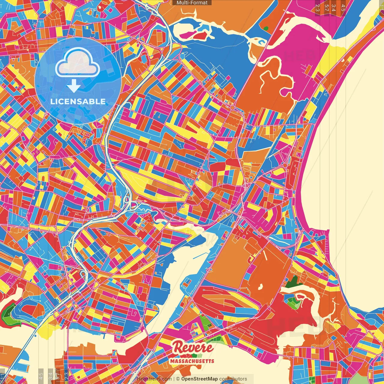 Revere, Massachusetts, United States Crazy Colorful Street Map Poster Template