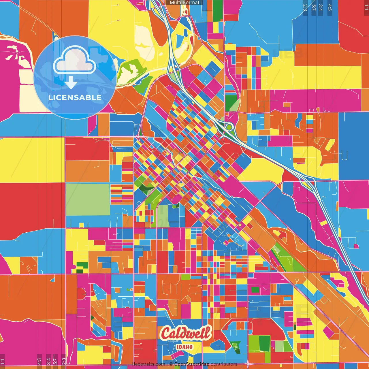 Caldwell, Idaho, United States Crazy Colorful Street Map Poster Template