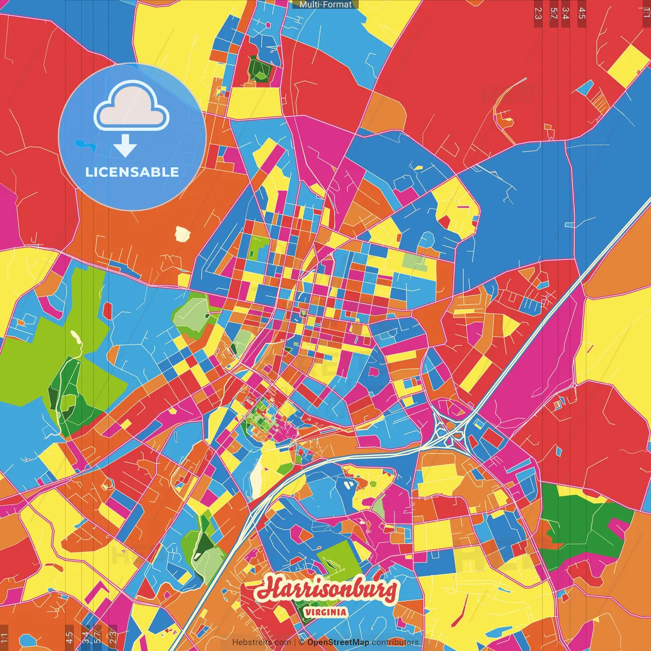 Harrisonburg, Virginia, United States Crazy Colorful Street Map Poster Template