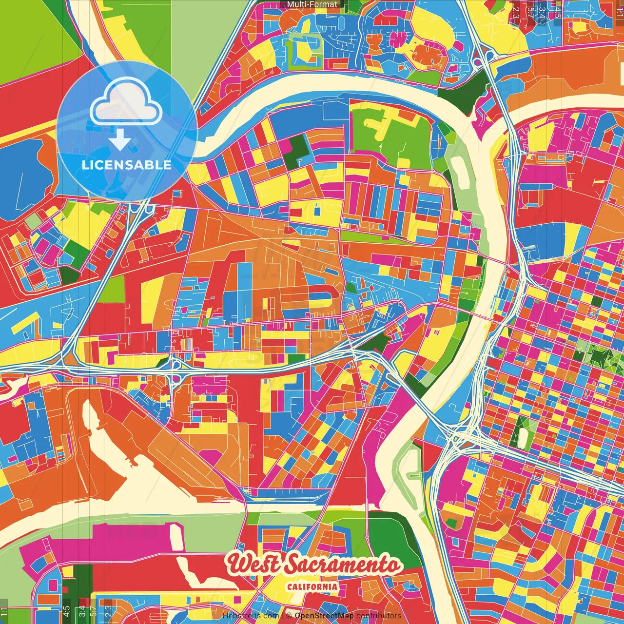 West Sacramento, California, United States Crazy Colorful Street Map Poster Template