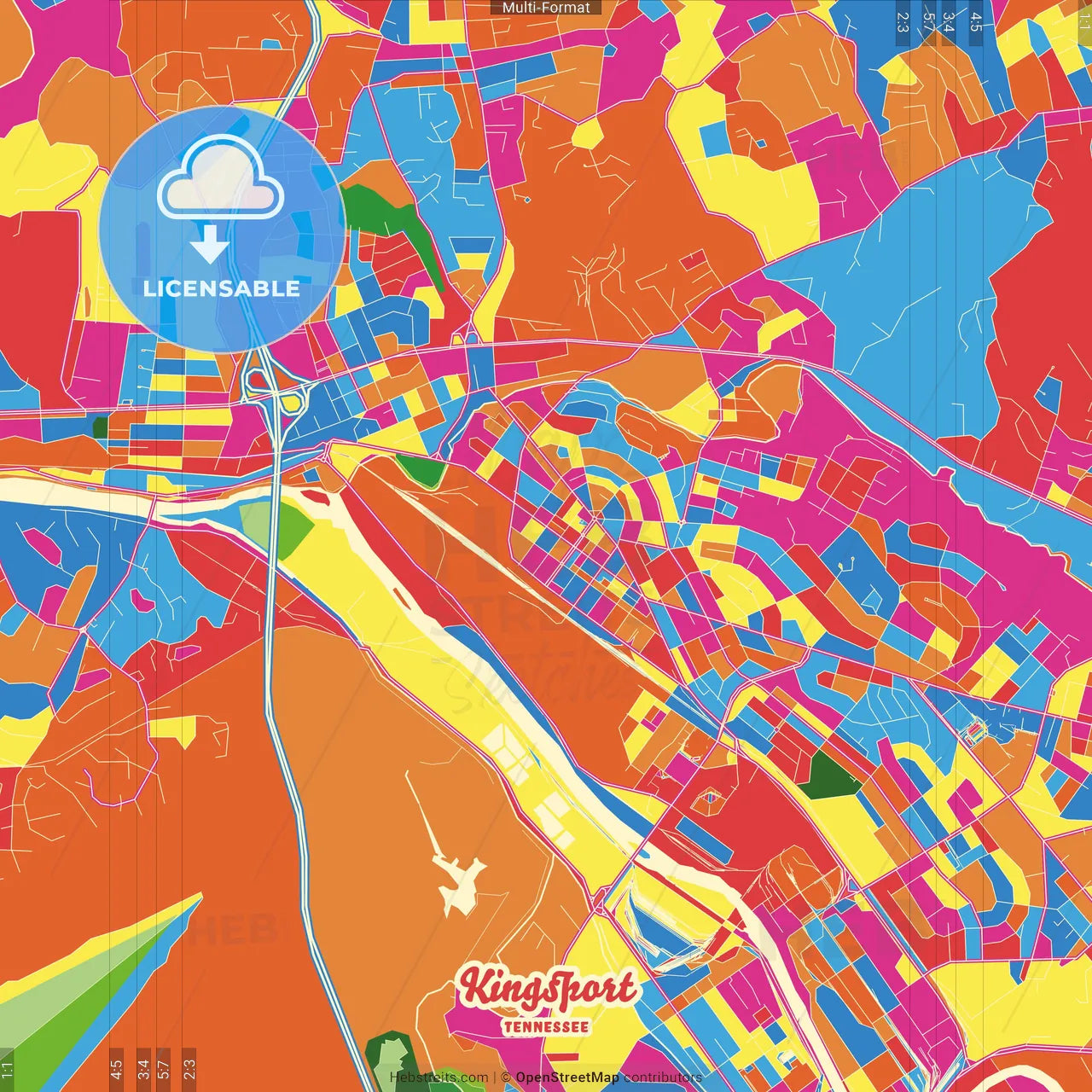 Kingsport, Tennessee, United States Crazy Colorful Street Map Poster Template