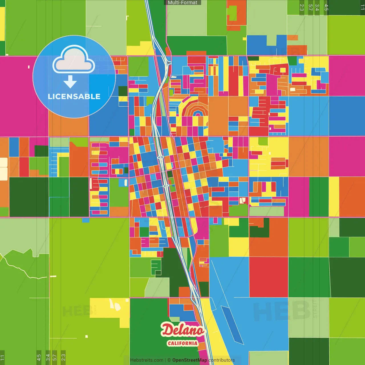 Delano, California, United States Crazy Colorful Street Map Poster Template