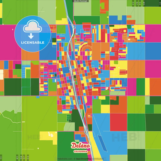 Delano, California, United States Crazy Colorful Street Map Poster Template