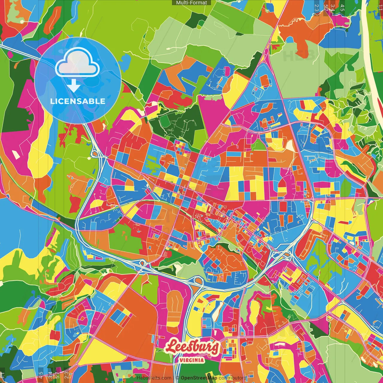 Leesburg, Virginia, United States Crazy Colorful Street Map Poster Template