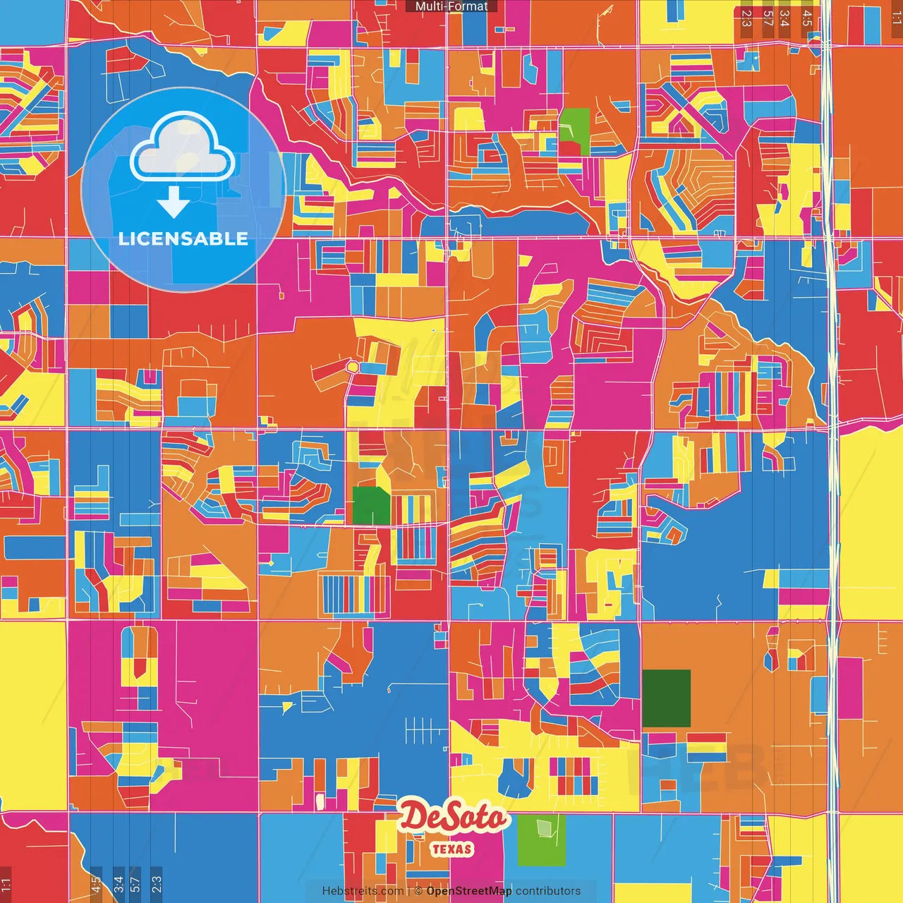 DeSoto, Texas, United States Crazy Colorful Street Map Poster Template