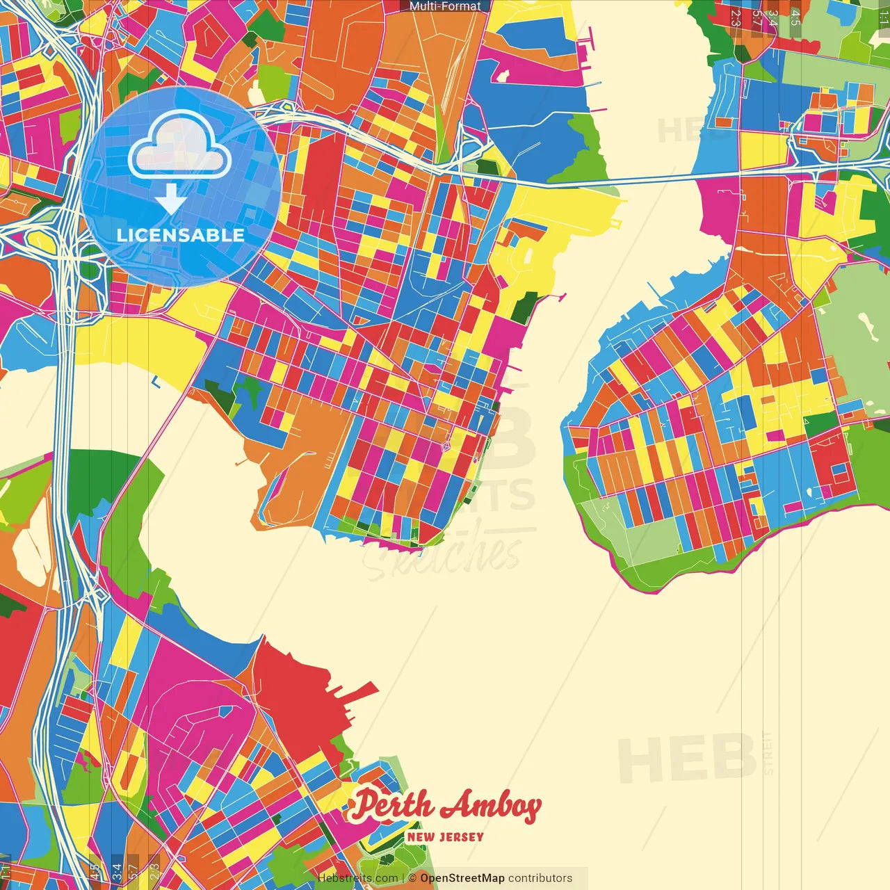 Perth Amboy, New Jersey, United States Crazy Colorful Street Map Poster Template