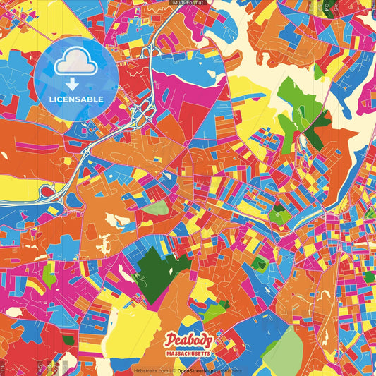 Peabody, Massachusetts, United States Crazy Colorful Street Map Poster Template