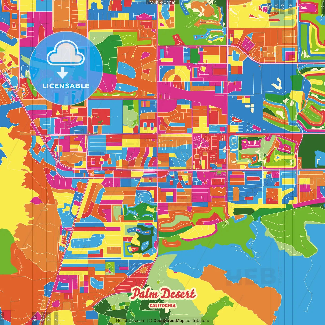 Palm Desert, California, United States Crazy Colorful Street Map Poster Template