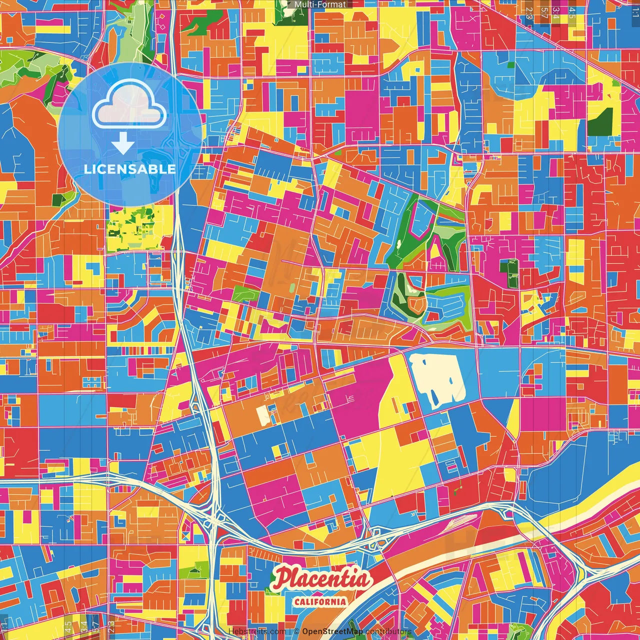 Placentia, California, United States Crazy Colorful Street Map Poster Template
