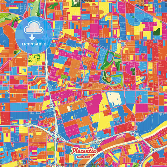 Placentia, California, United States Crazy Colorful Street Map Poster Template