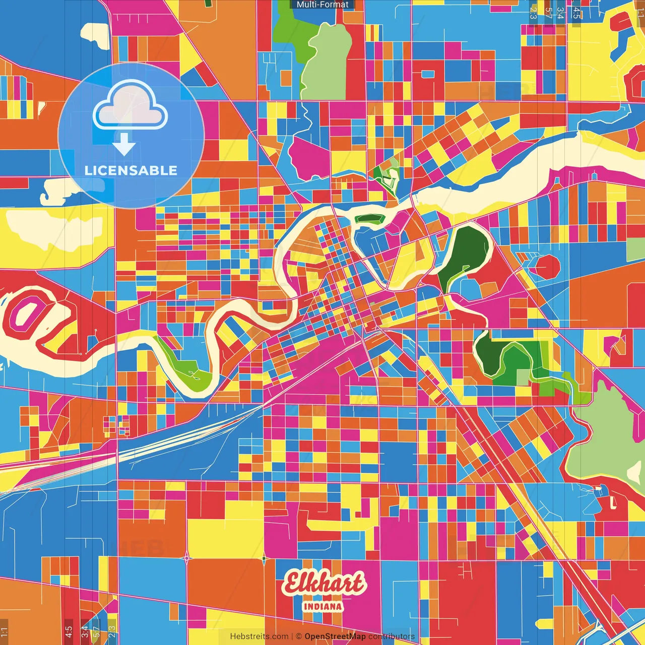 Elkhart, Indiana, United States Crazy Colorful Street Map Poster Template